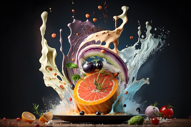 A fruit and vegetable collage with a splash of juice