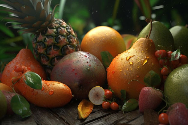 A fruit and vegetable collection in a tropical setting