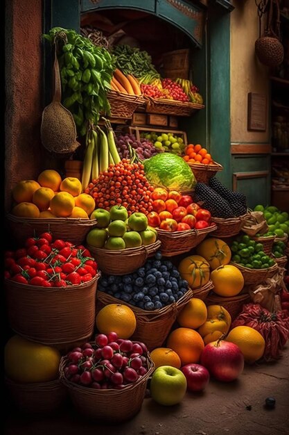 Foto un mercato di frutta e verdura in una città.