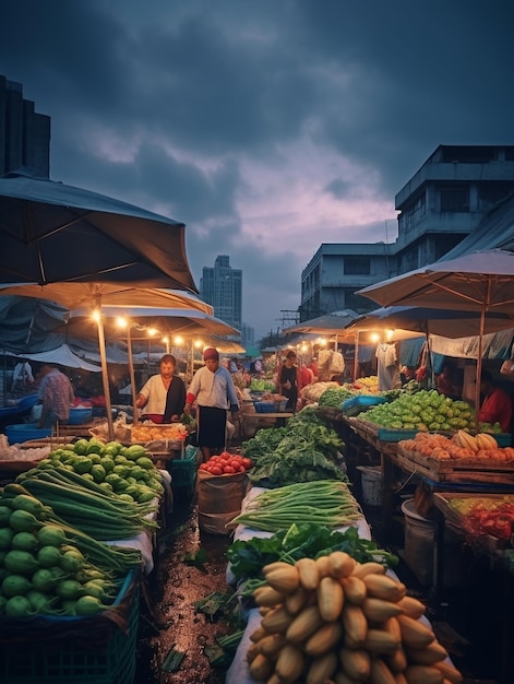 A fruit and vegetable market in the city