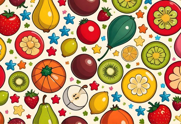 Photo fruit vegetable patterns background designed for children in cartoon style