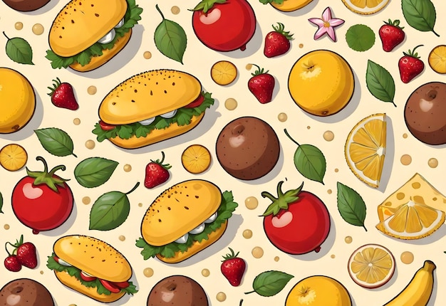 Фото Фон с фруктовыми и овощными рисунками, разработанный для детей в стиле мультфильмов
