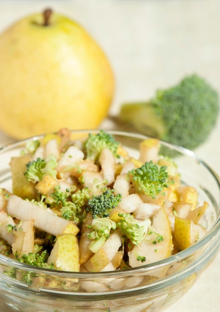 Fruit vegetable salad of pears and broccoli