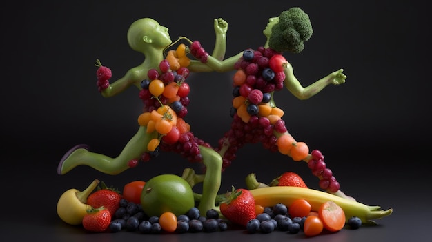 A fruit and vegetable sculpture with a man and woman holding a broccoli.