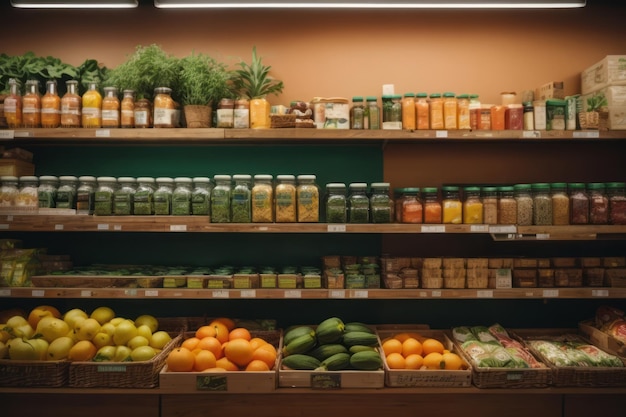 Фото Фрукты, овощи и здоровые продукты на полках в продуктовом магазине