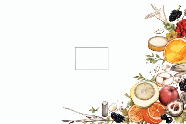 fruit and vegetables arranged in a frame on a white background