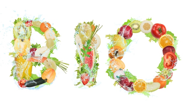 Fruit and vegetables forming the word bio. Healthy Bio food for wellness concept