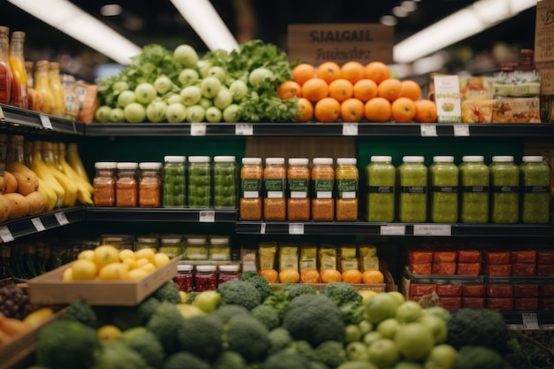 식료품 가게의 선반에 있는 과일, 채소 및 건강한 음식