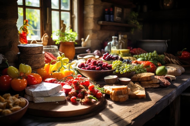 농촌 스타일의 목조 테이블에 과일과 채소 농촌 부의 목조테이블에 건강한 음식 AI 생성