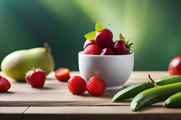 Fruit and vegetables on a wooden table with green background