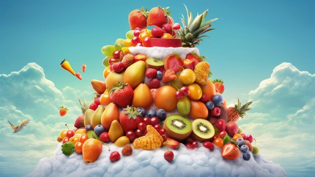 Fruit volcano with colorful fruits and berries Created with Generative AI technology