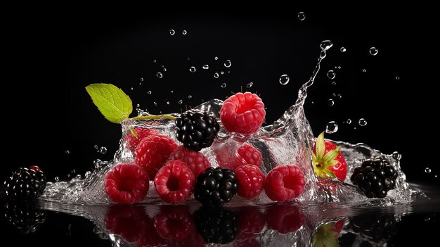 Fruit in water splash on black background raspberry
