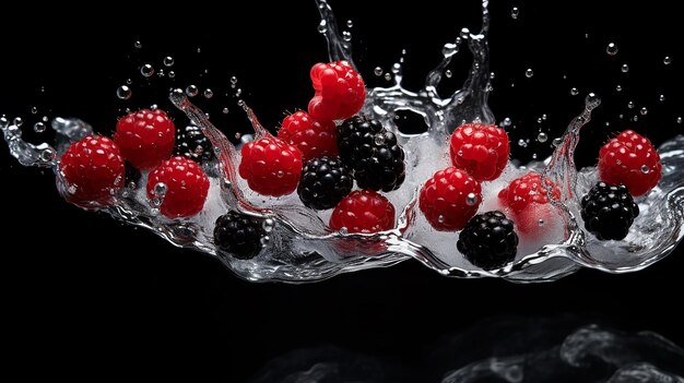 Fruit in water splash on black background raspberry