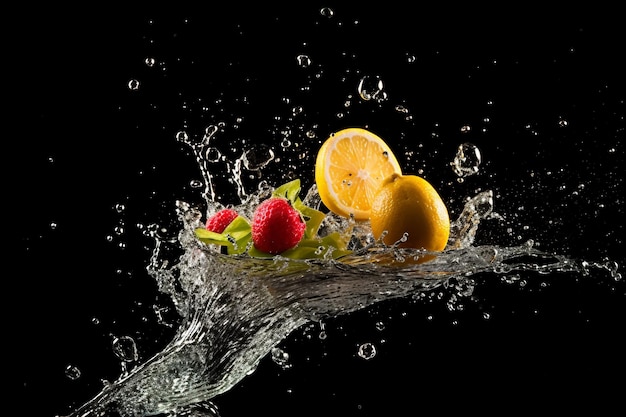 Fruit and water splashing in the air