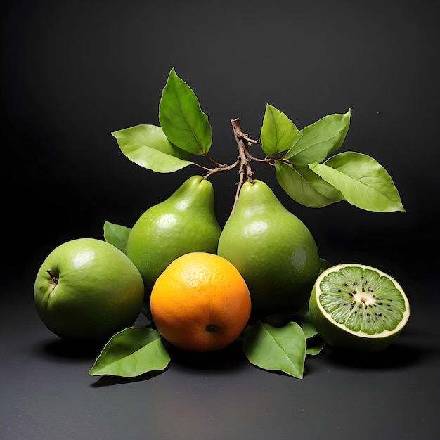 Fruit with Green Leaves on Black Surface