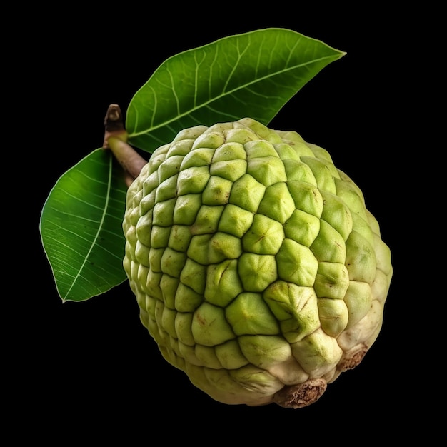 A fruit with green leaves and a leaf