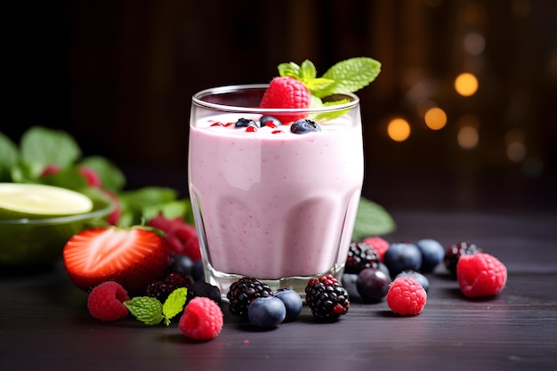 Fruit yogurt smoothie with fresh berries in a glass