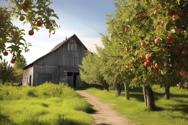 Fruitboomgaard met rustieke schuur op de achtergrond gecreëerd met generatieve ai