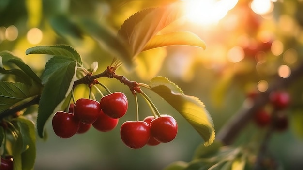 Fruitboomgaard rijpe zoete kersen op bomen bij zonsondergang zomeroogst