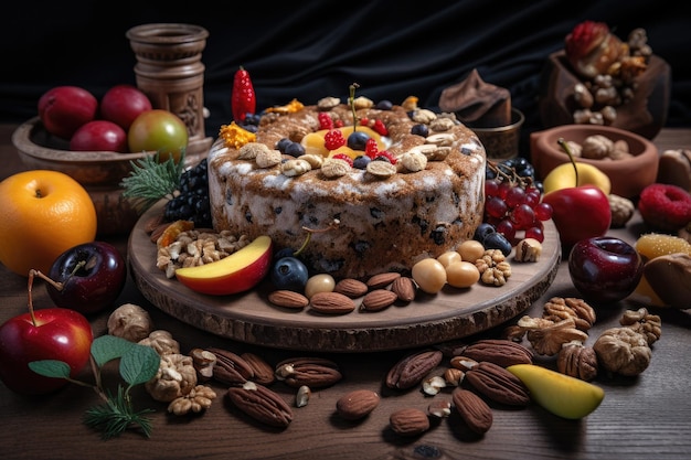 생성 AI로 만든 다양한 과일 견과류와 향신료로 둘러싸인 과일 케이크