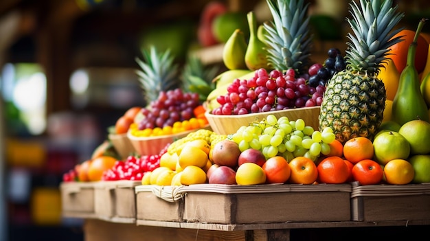 fruitkraam met een fruitmand uitgestald