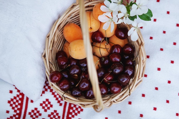 Fruitmand op wit met rood ornamentplaid