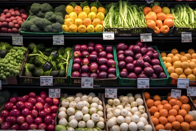 Fruitmarkt met verschillende kleurrijke verse groenten en fruit AI gegenereerd