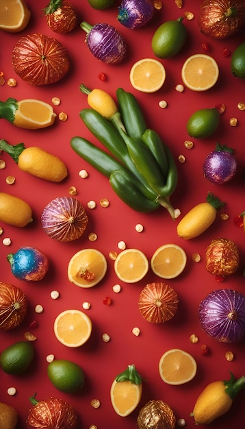 写真 赤い背景の果物と野菜 トップビュー フラットレイ