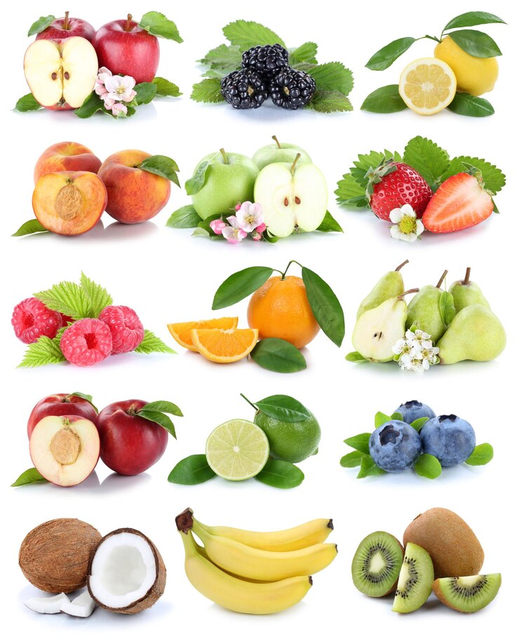 Photo fruits apple orange berries apples oranges banana fresh fruit strawberry collection isolated
