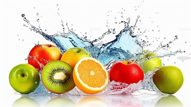 Fruits are being poured into a water splash.