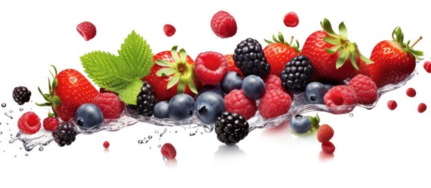 Photo fruits are black blue and red ripe red currants strawberries raspberries blackberries blueberries and blackcurrants on a white background