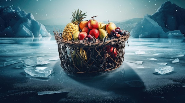 Fruits in basket on frozen lake