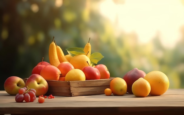 fruits basket on wooden table on blurred fruits garden background under sunshine