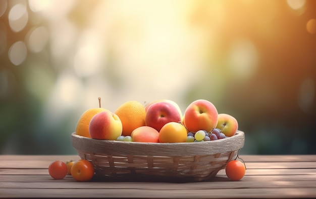 fruits basket on wooden table on blurred fruits garden background under sunshine