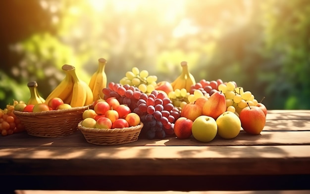 햇빛 아래 흐린 과일 정원 배경에 있는 나무 테이블에 있는 과일 바구니