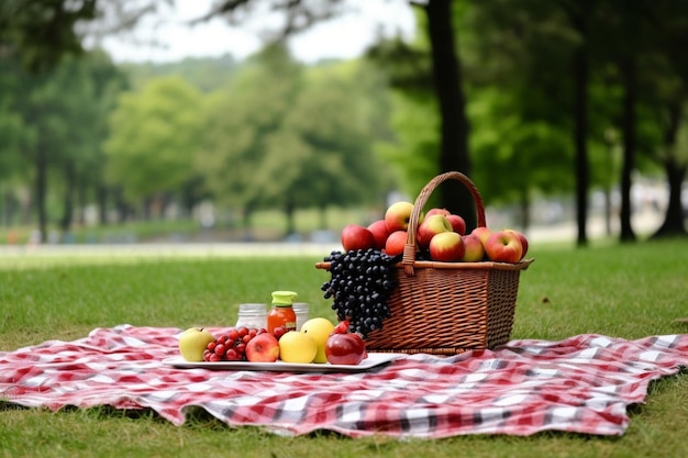 공원 의 피크닉 담요 에 있는 과일 바구니