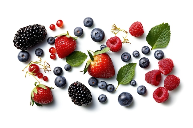 Fruits and berries are arranged in a row.