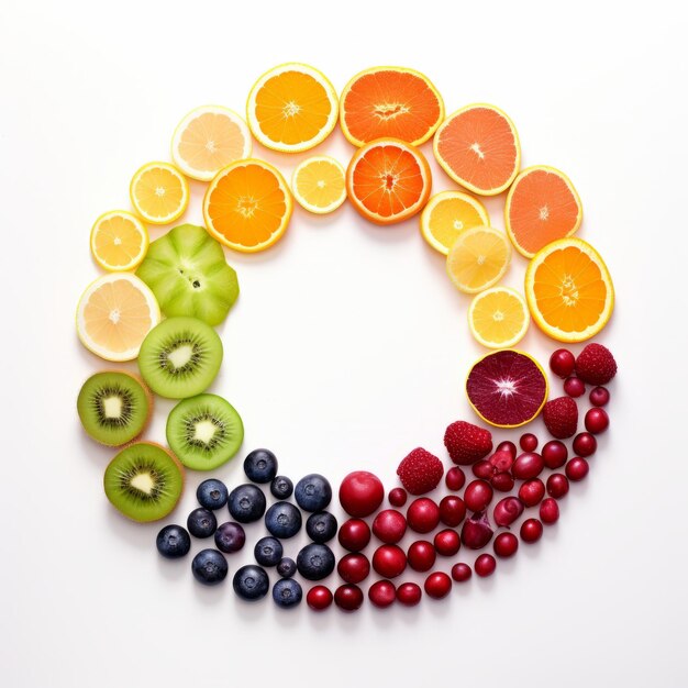 Fruits and berries arranged in a circle on a white background