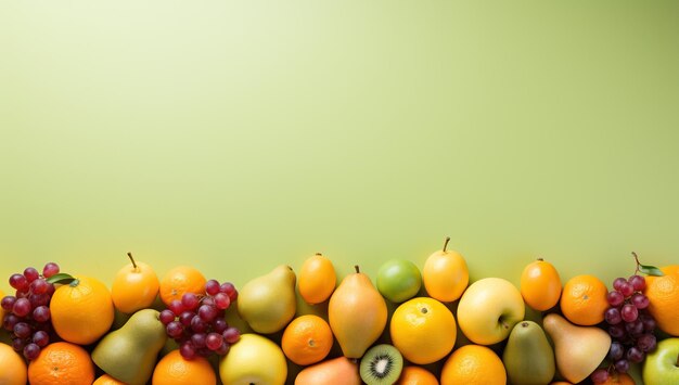 Fruits and berries arranged in a row on green background with copy space