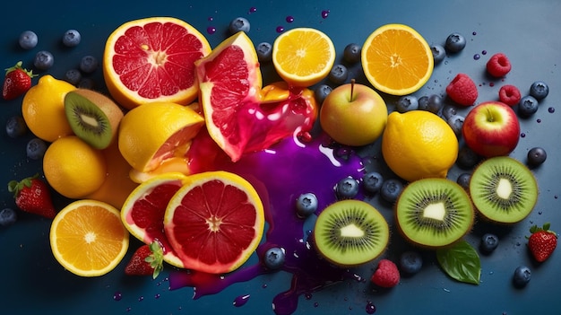 Fruits and berries on a blue background with splashes of water