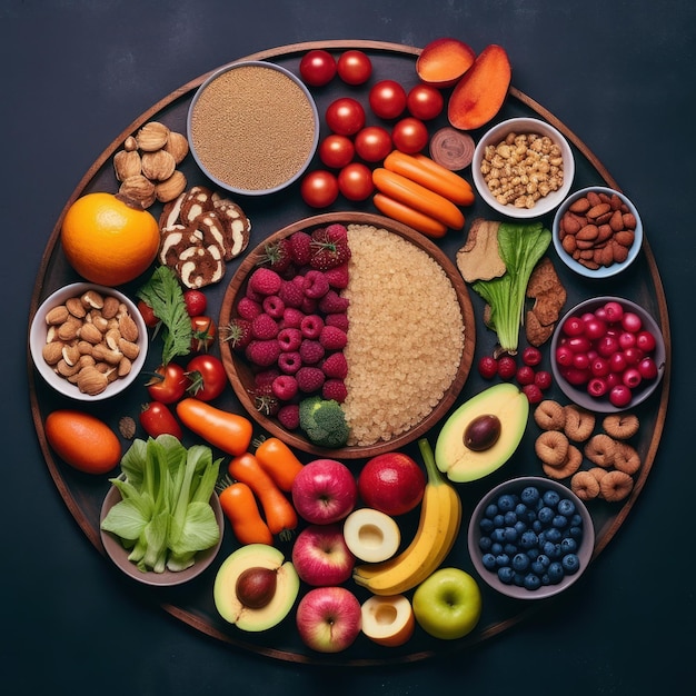 黒い背景に円の中にフルーツとベリーの健康的な食事のコンセプト
