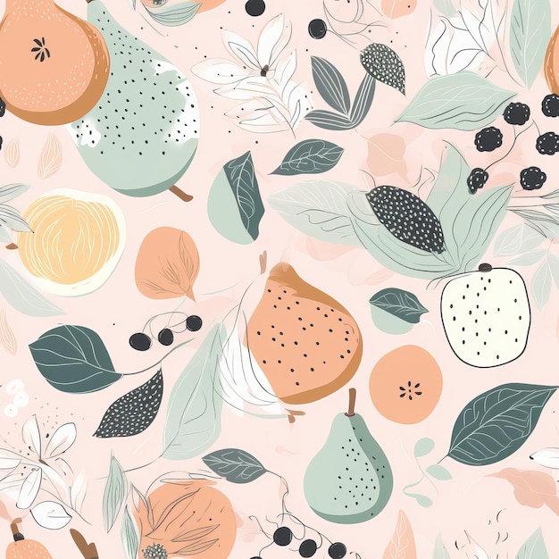 Fruits berries and leaves in an abstract seamless pattern AI generation