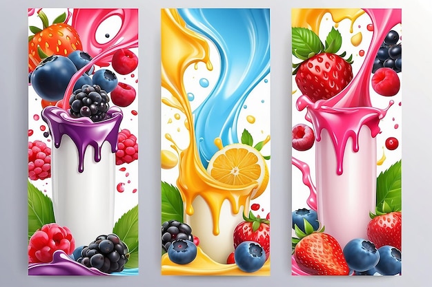 Fruits and berries in milk splashes vector banners
