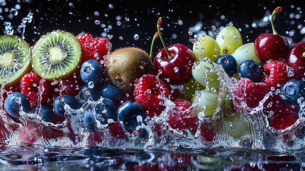 Fruits and berries in water splashes on a black background