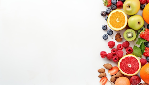 Fruits and berries on white background Top view with copy space