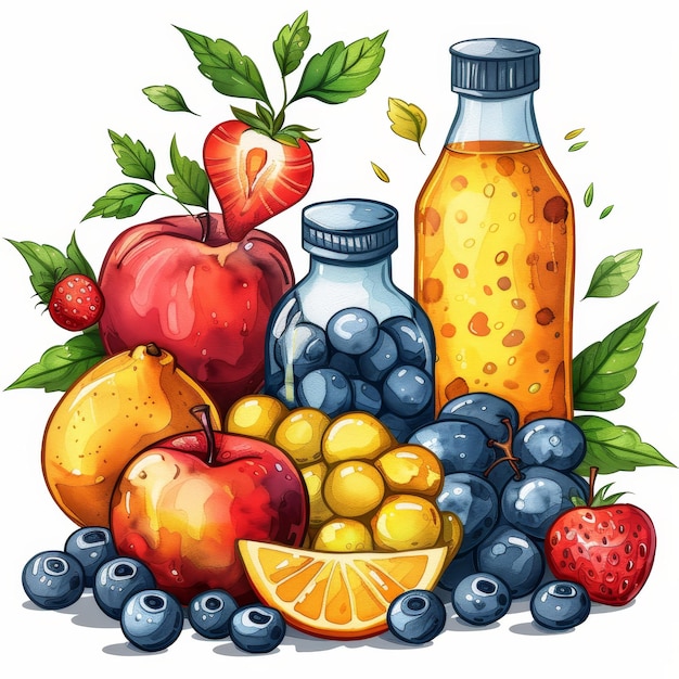 Fruits and berries with bottle of juice watercolor isolated white background