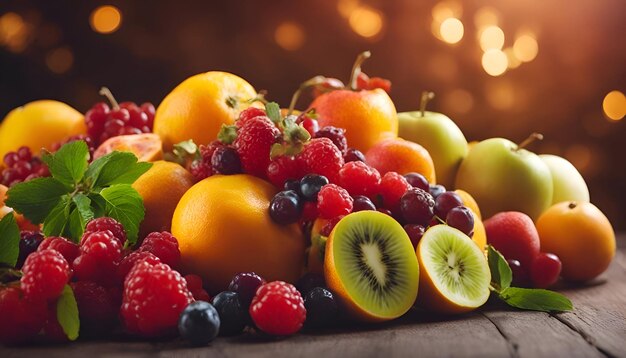 Фрукты и ягоды на деревянном столе с фоном боке