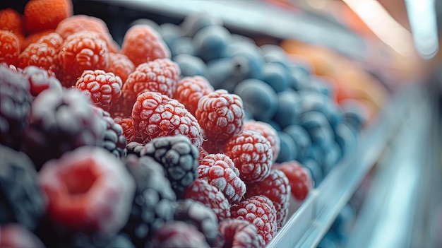 Fruits and berry frozen on supermarket showcase Background concept