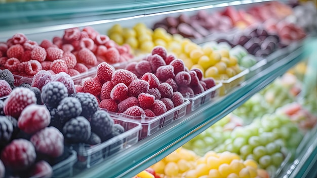 Fruits and berry frozen on supermarket showcase Background concept