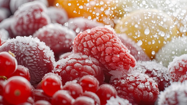 Fruits and berry frozen on supermarket showcase Background concept